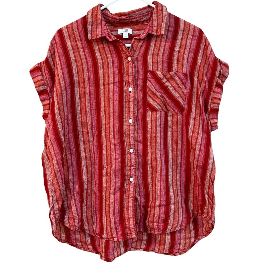 True Craft Rust Striped Woven Button Short Cuffed Sleeve Women’s Blouse,…​